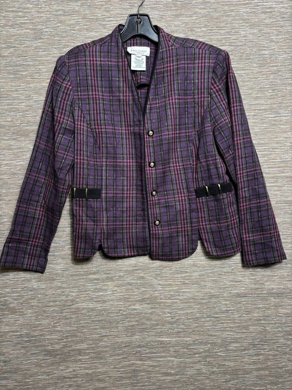 Miss Dorby Blazer Womens 10P Purple Plaid Tweed Petite Jacket Gold Buttons